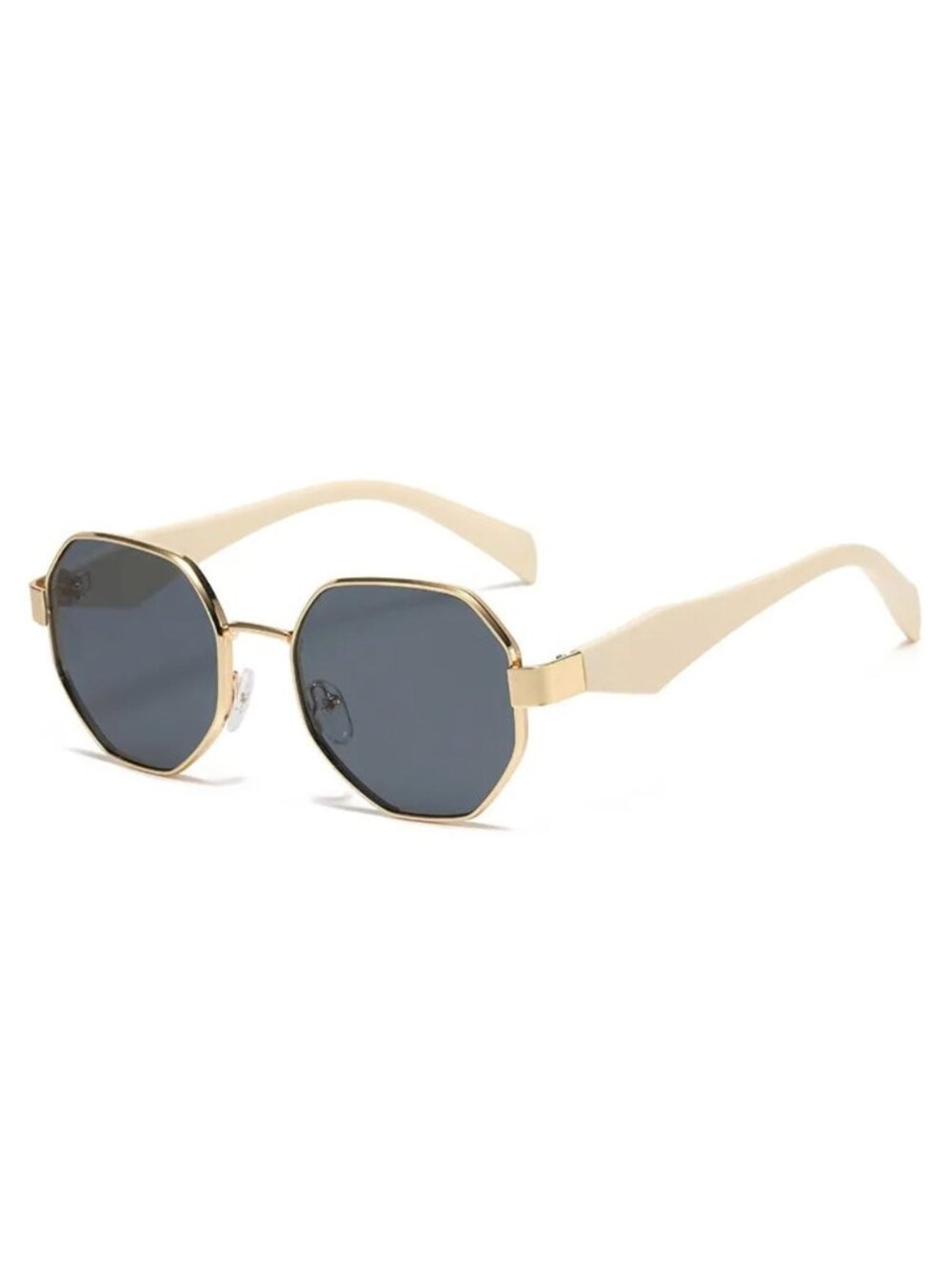 Unisex Octagon Gold Frame Sunglasses With Grey/Black Lenses & Ivory White Arms